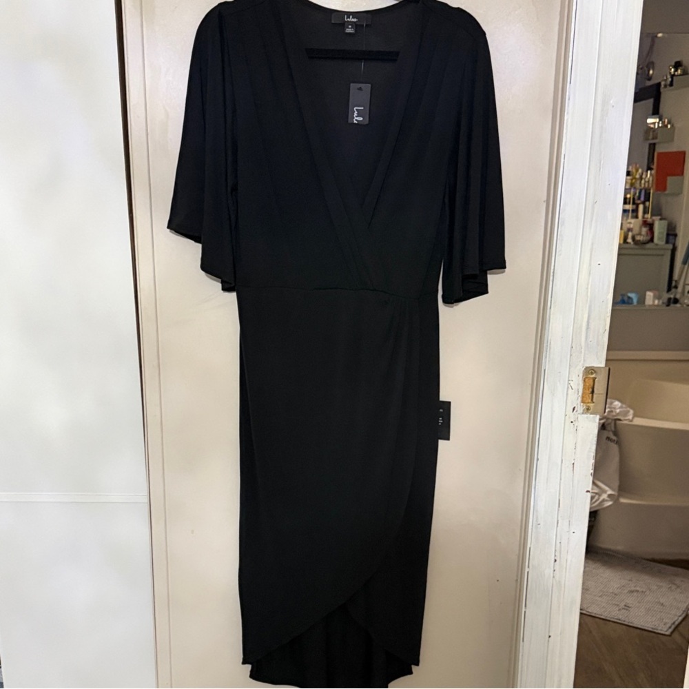 lola Black Faux-Wrap Midi Dress with Flutter Sleeves